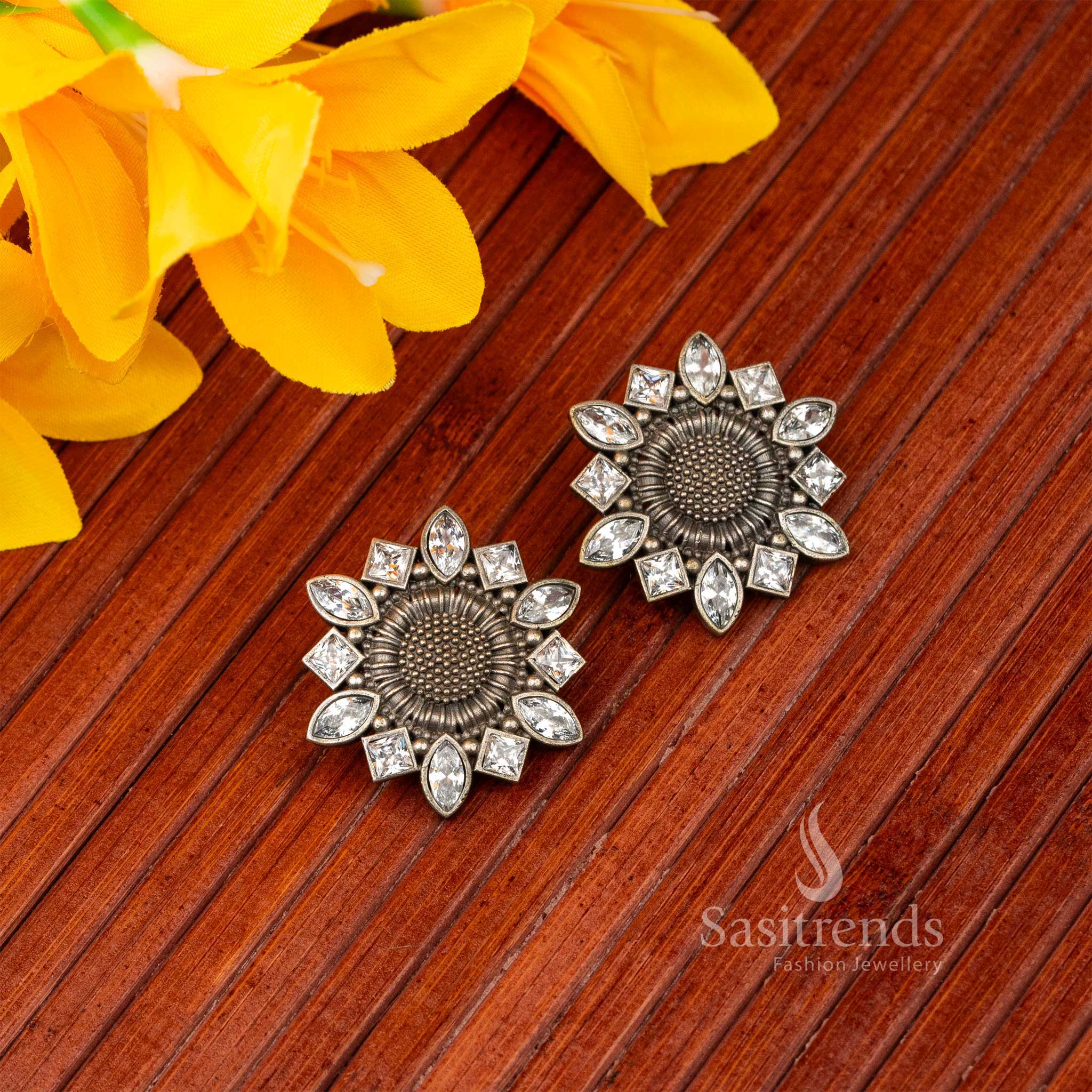 Trendy Oxidised White Stone Stud Navarathiri Elegant Earrings