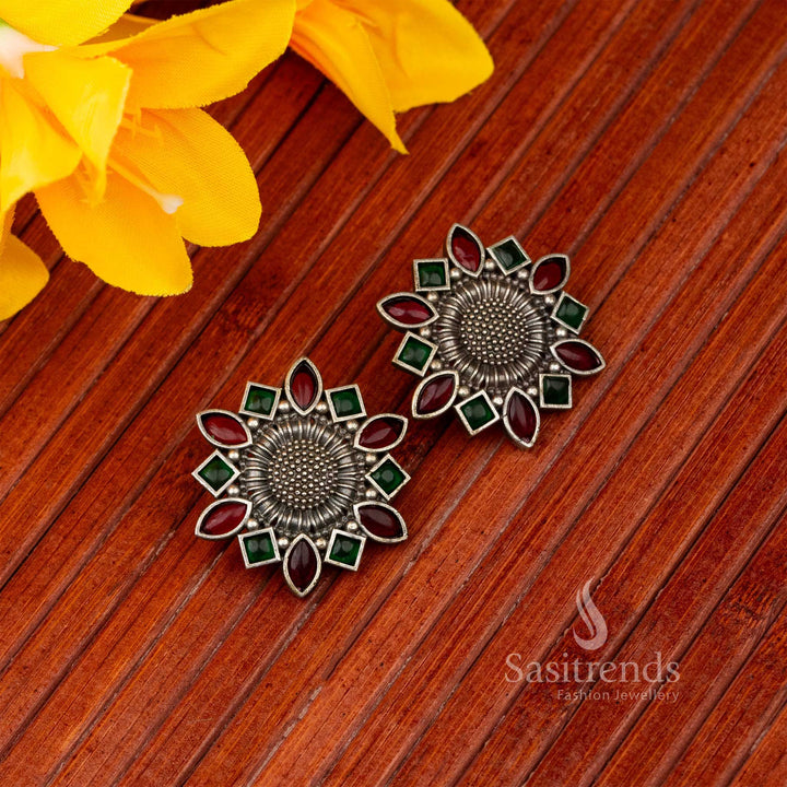 Mantndala Oxidised Ruby Green Stone Stud Flower Designer Navarathiri Elegance Earrings