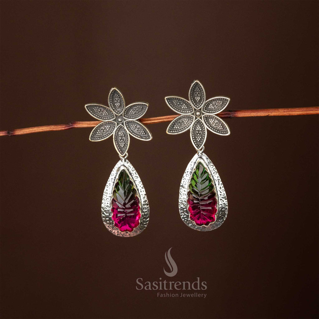 Pink Yellow Floral Radiance Oxidised Earrings Flower Designer Garnet Stone Sasitrends
