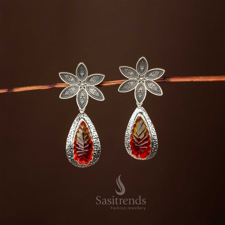 Yellow Red Floral Radiance Oxidised Earrings Water Drop Fuchsia Stone Sasitrends