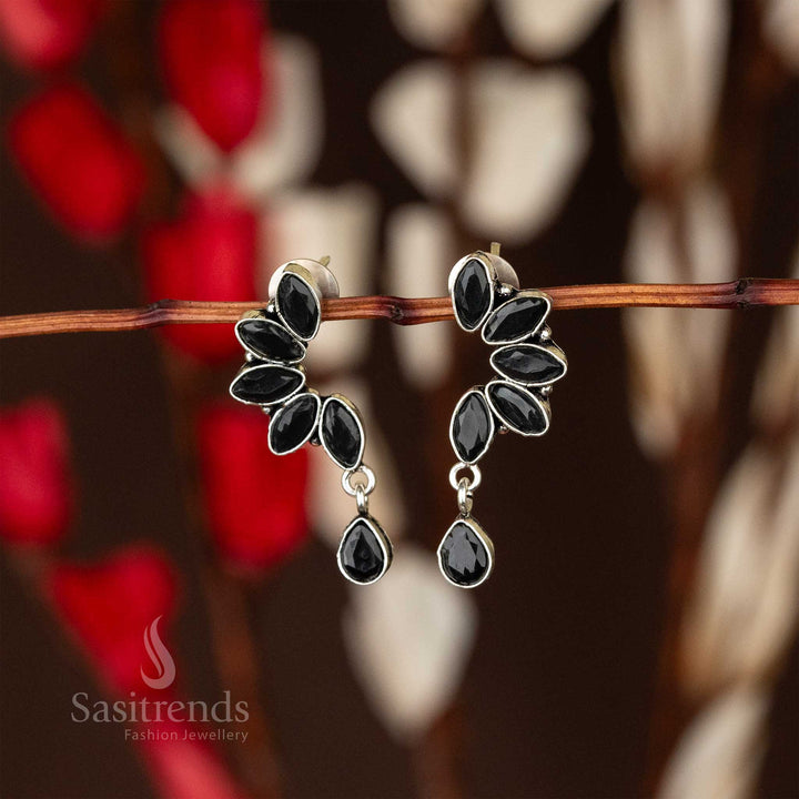 Sasitrends - Verdant Whisper Oxidised Silver Earrings with Waterdrop and Marquise Stones