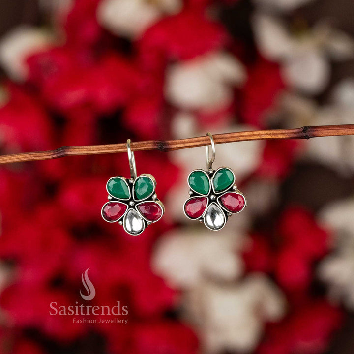 Oxidised silver petal-shaped earrings with pearl accents on fishhook backs multi stone stud elegance