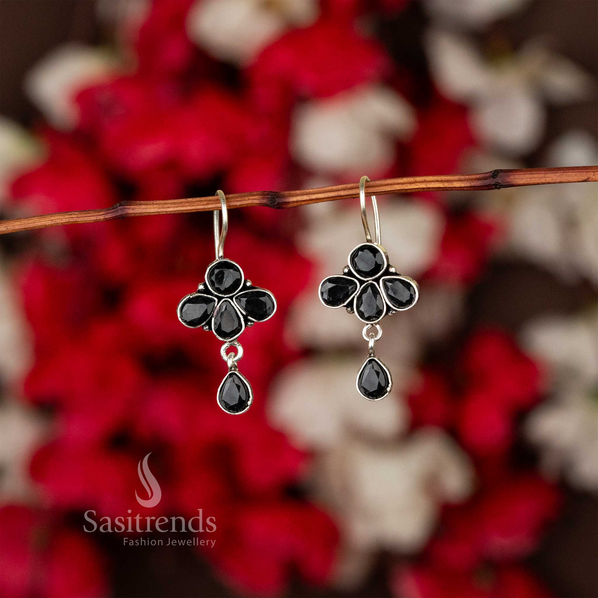 Trendy Traditional Oxidised Black Stone Stud Flower Design Navarathiri special Earrings