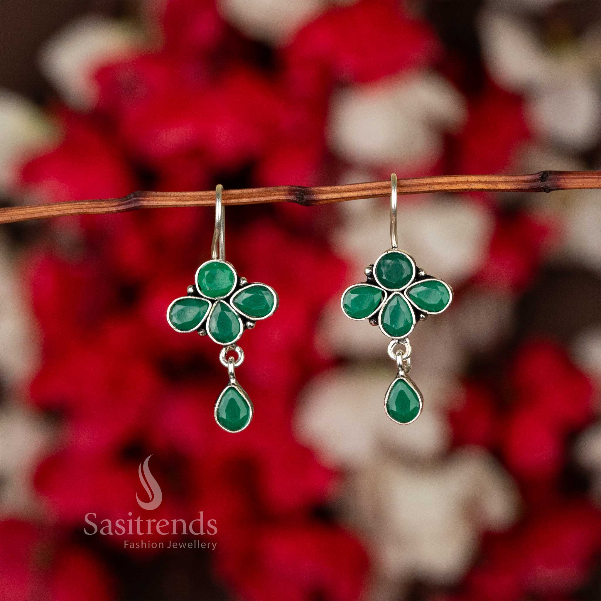 Green Petal Flower Design Stone Hanging Fish Hook Earrings Sasitrends Online Shopping
