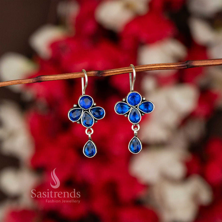 Blue Petal Floral Earrings Latest Oxidised Fish Hook Stone Hanging Design Navarathiri Elegance
