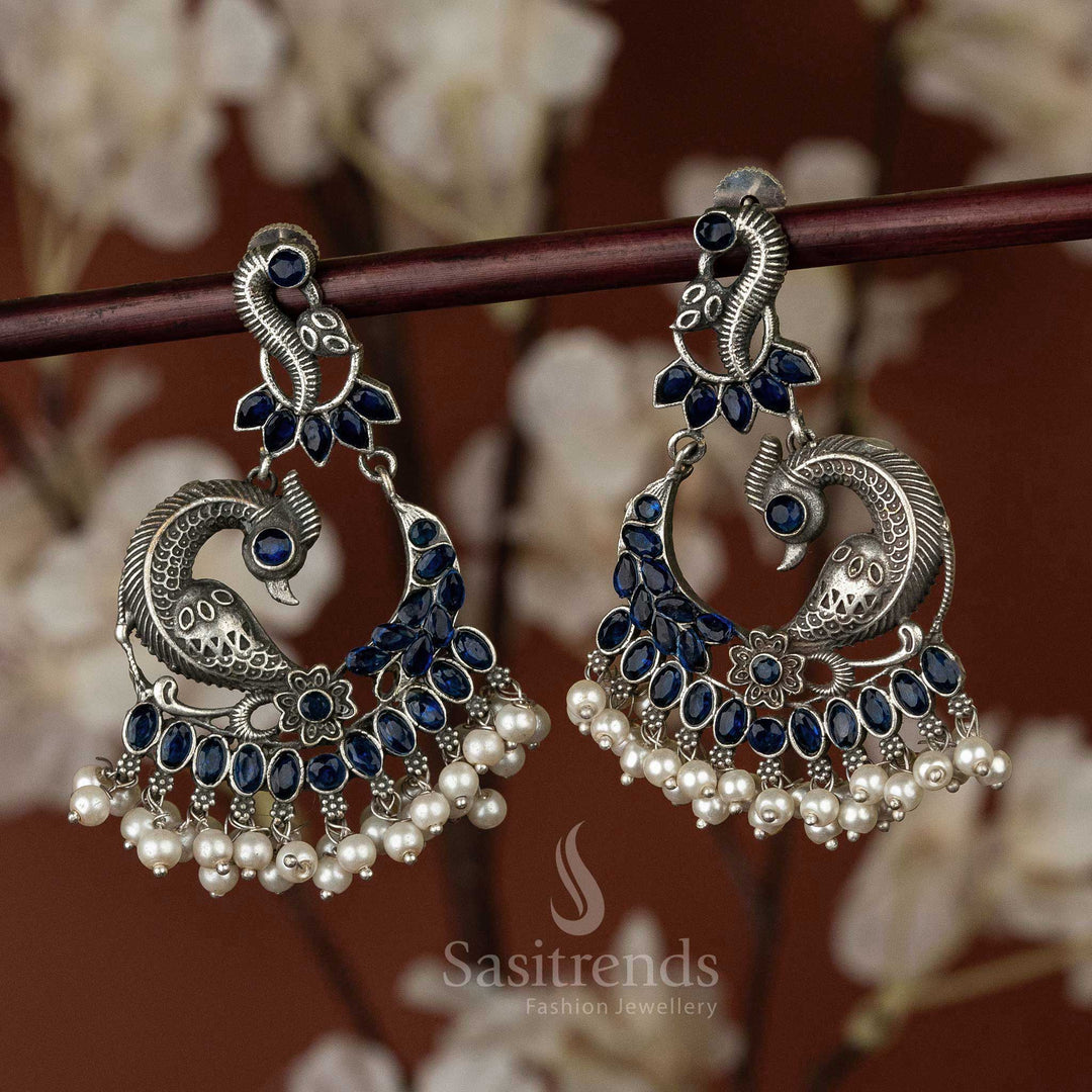 Latest Oxidised Silver Look Peacock Earrings Blue Stone Stud Navarathiri Special Sasitrends Online Shopping