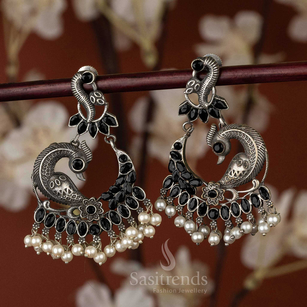 Oxidised Silver Look Peacock Designer Black Stones And Pearls Earrings Sasitrends Online Shopping