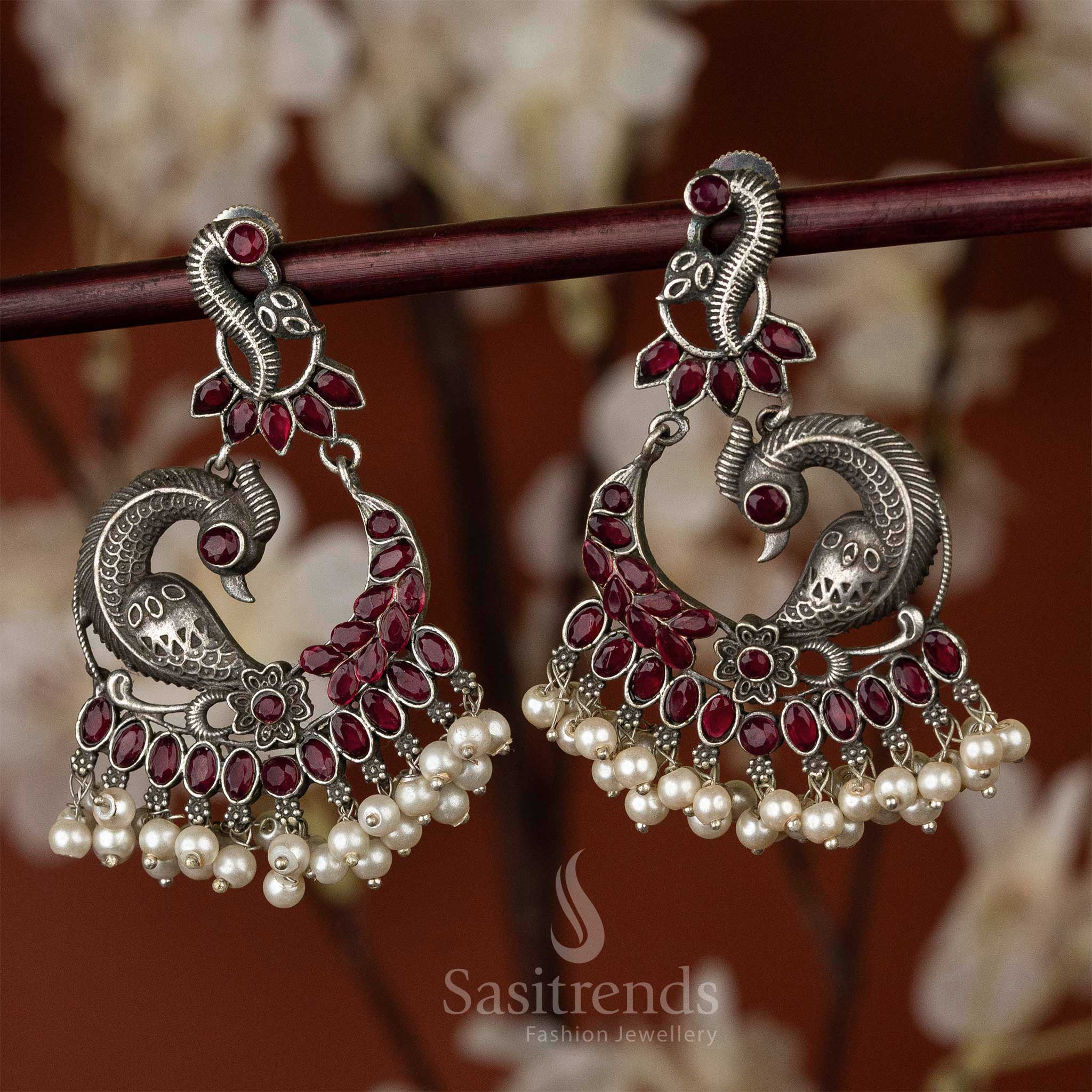 Latest Oxidised Silver Look Peacock Earrings Ruby Stone Sasitrends Online Shopping 