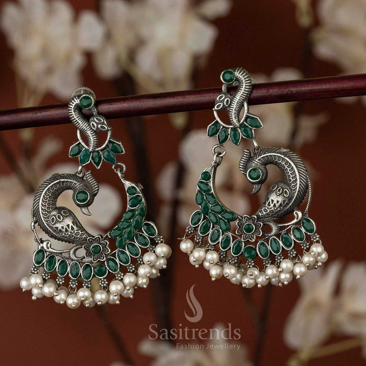 Trendy Oxidised Silver Look Peacock Designer Green Pearls Hanging Elegant Earrings Sasitrends