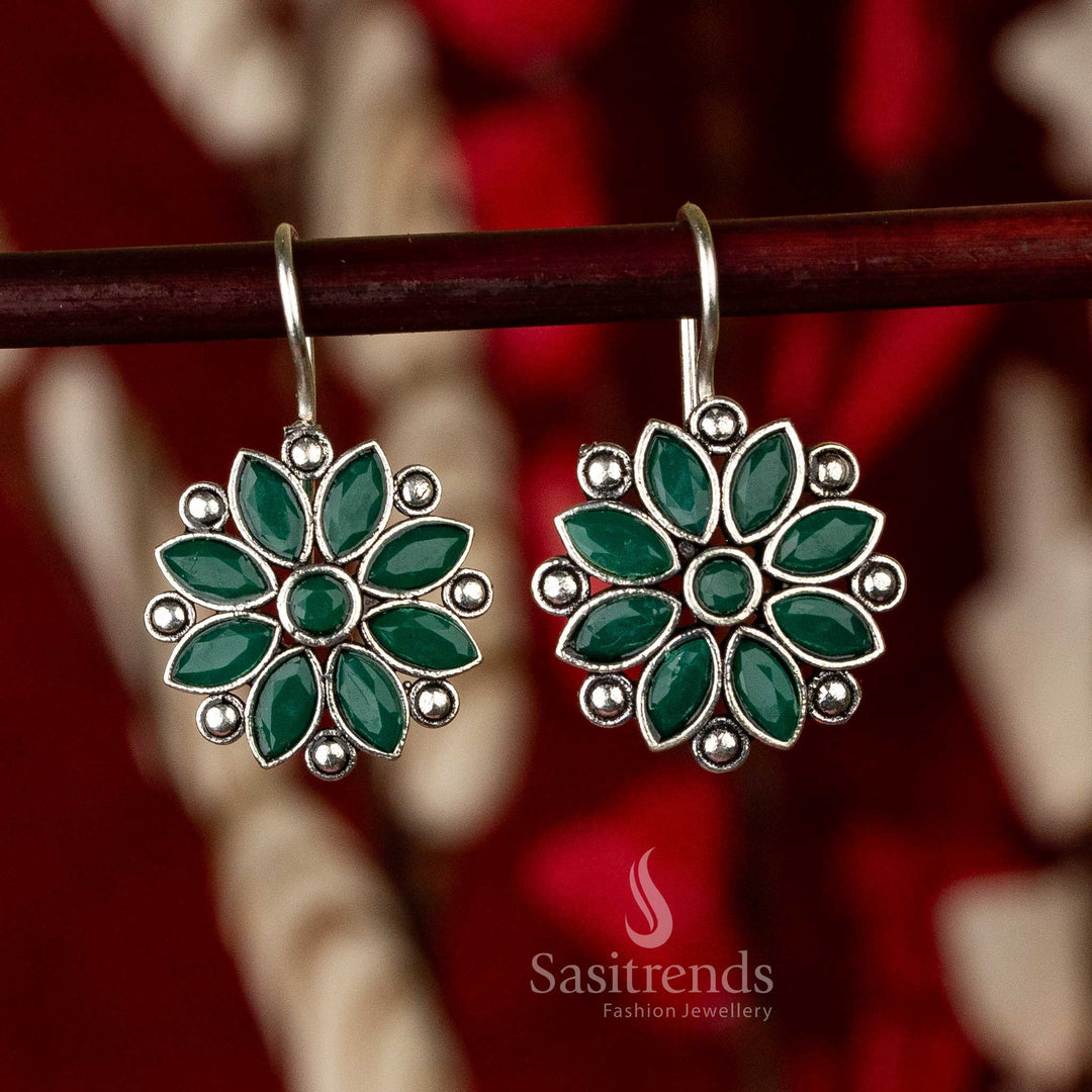 Dark Green Floral Designer Oxidised Earrings Online Shopping