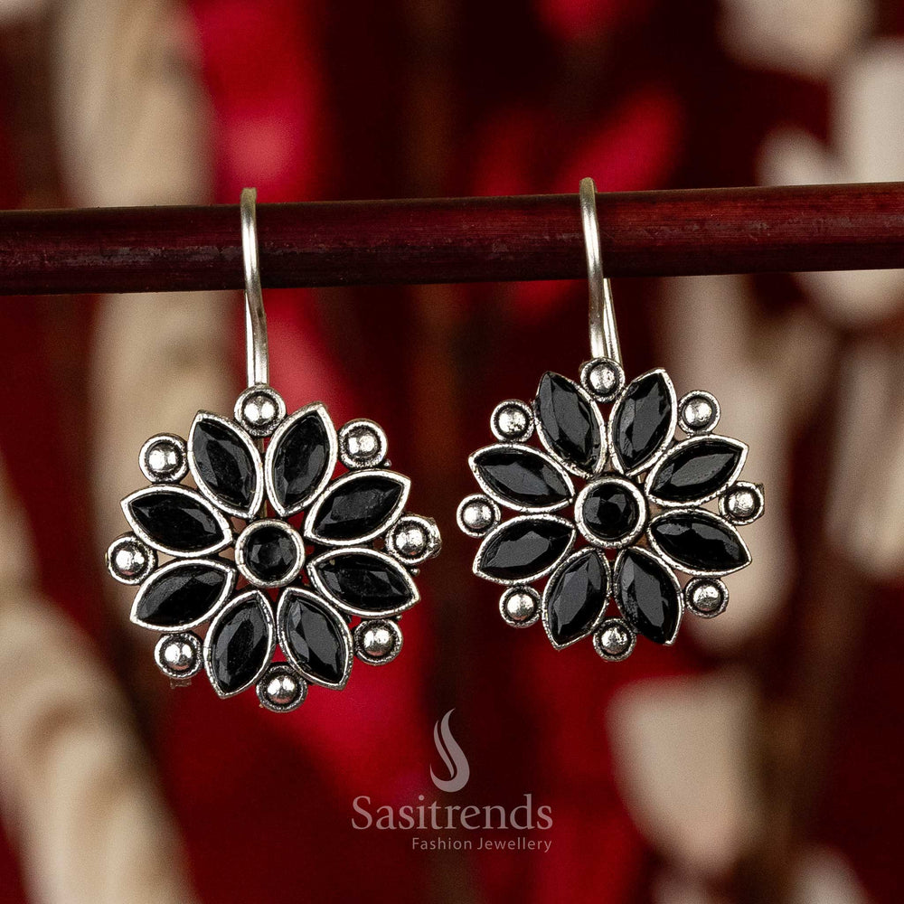 Latest Oxidised Black Stone Stud Floral Earrings Sasitrends 