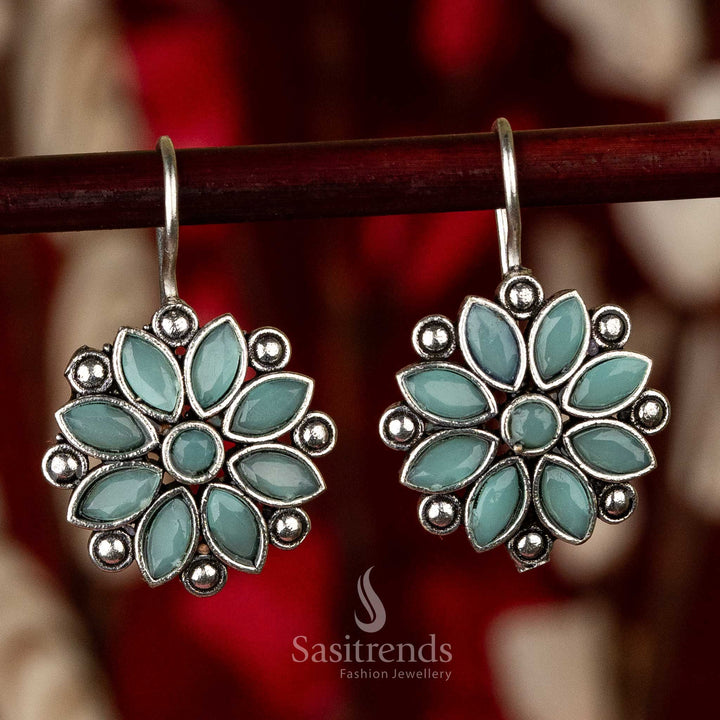 Oxidised Silver Floral Designer Mint Stone Stud Earrings