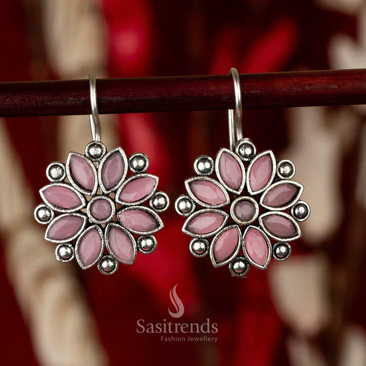 Pink Stones Stud Oxidised Navarathiri Special Earrings Sasitrends