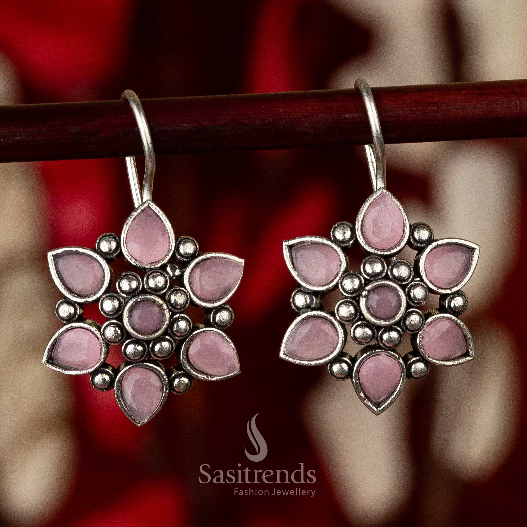 Latest Oxidised Pink Stone Elegant Flower Designer Earrings Online Shopping