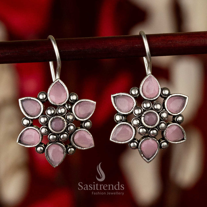 Latest Oxidised Pink Stone Elegant Flower Designer Earrings Online Shopping