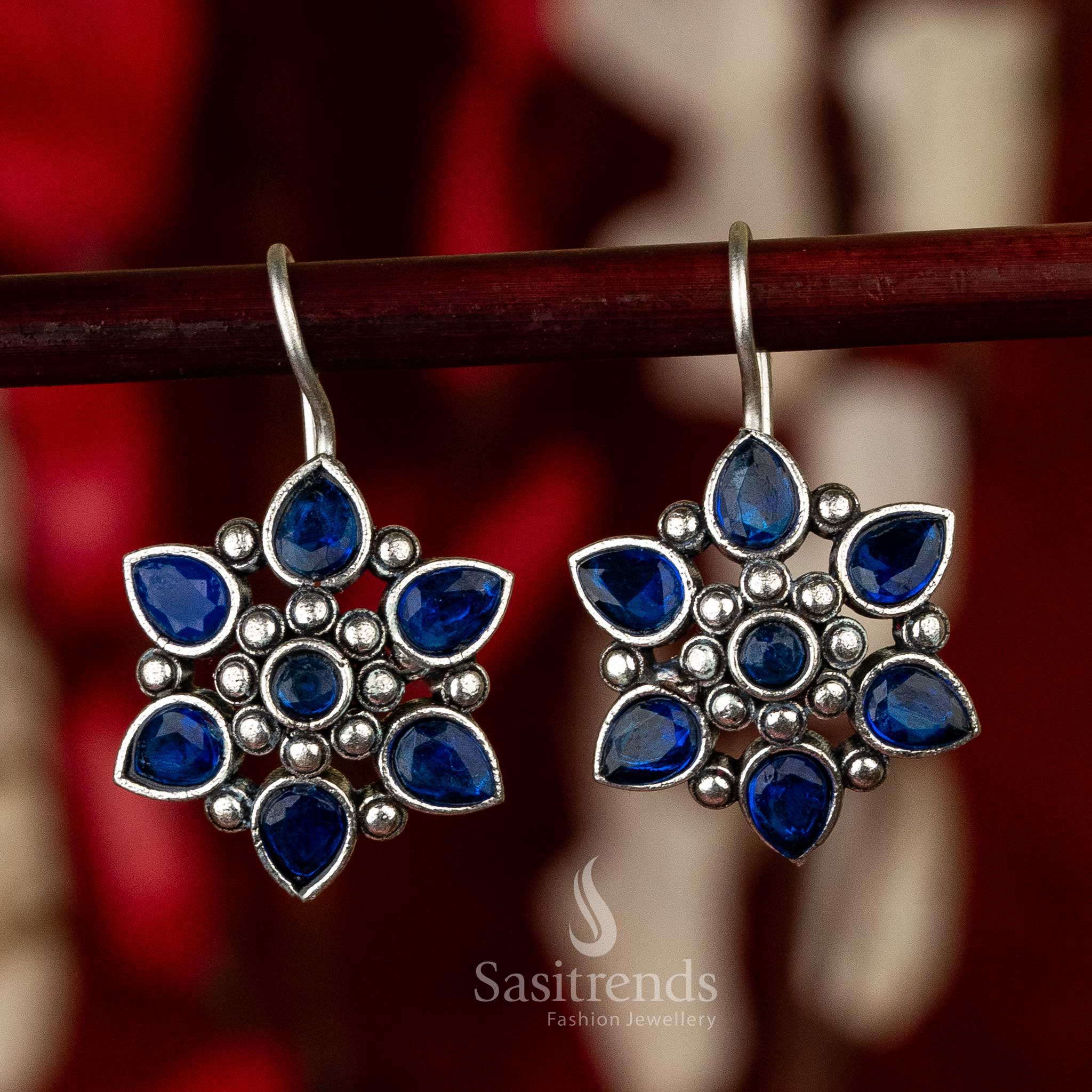 Oxidised Blue Stone Stud Floral Designer Sasitrends Online Shopping
