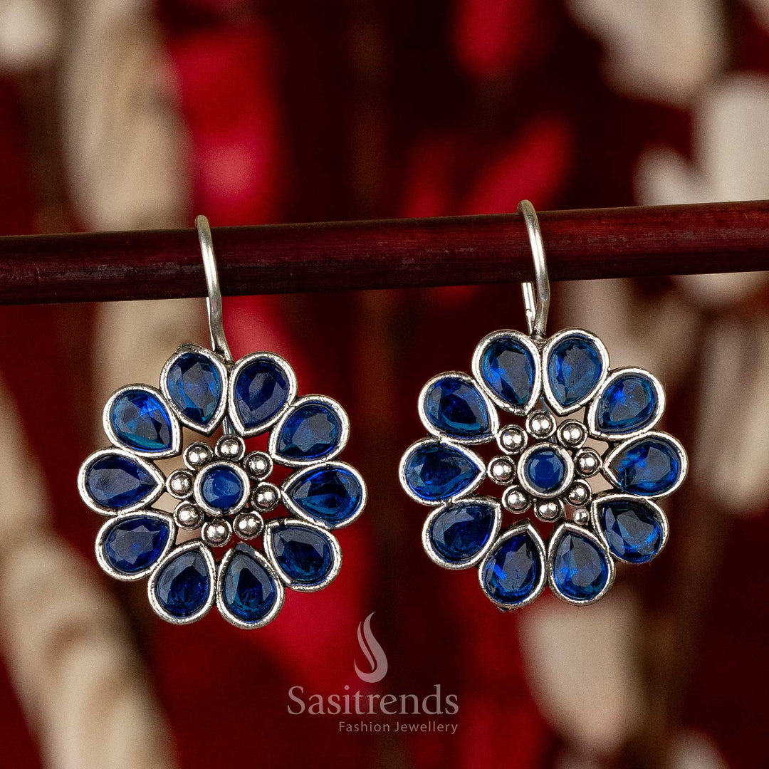 Sasitrends - Elegant Oxidised Silver Floral Earrings with Waterdrop and Round Gemstones - Sasitrends