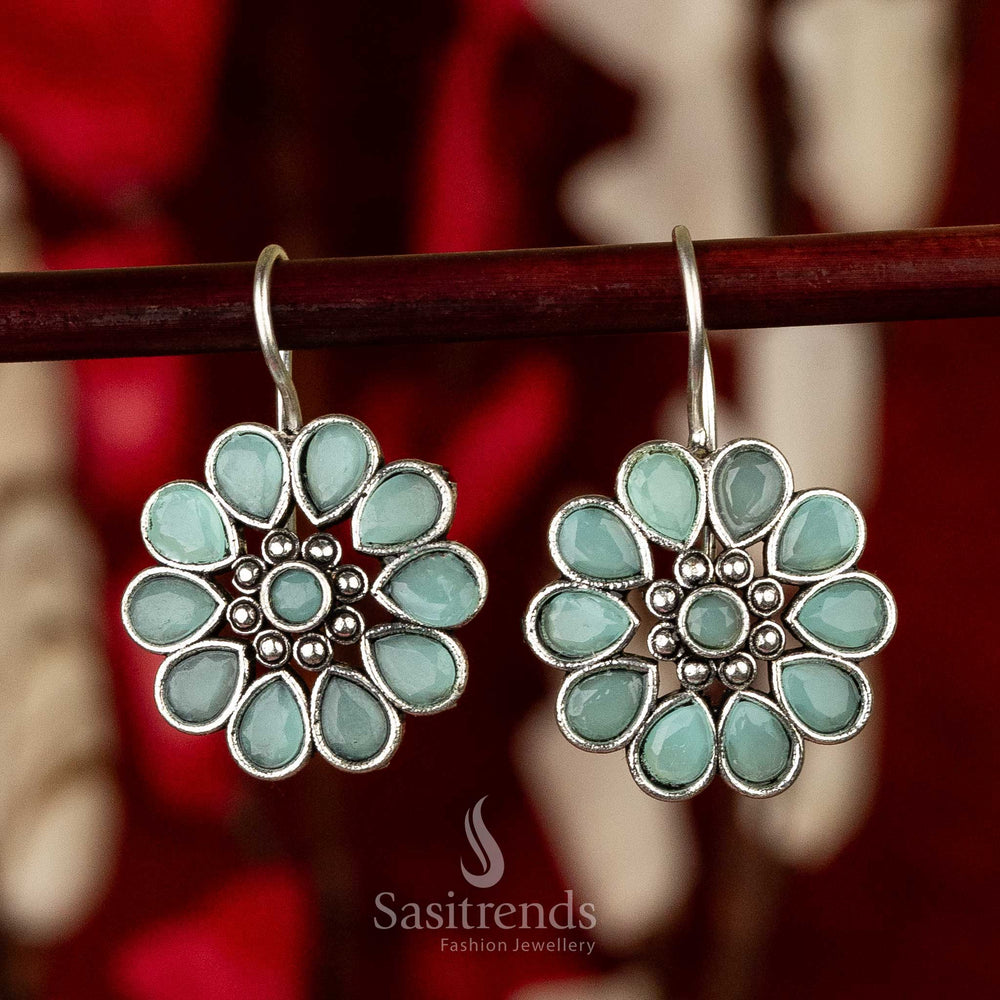 Sasitrends - Elegant Oxidised Silver Floral Earrings with Waterdrop and Round Gemstones - Sasitrends