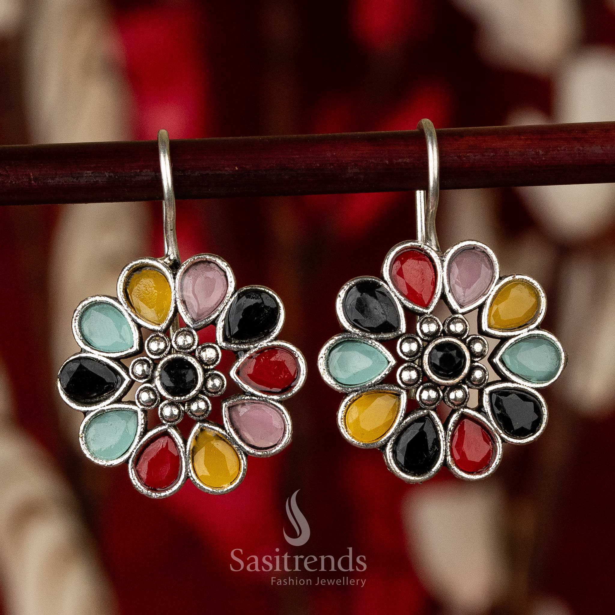 Sasitrends - Elegant Oxidised Silver Floral Earrings with Waterdrop and Round Gemstones - Sasitrends