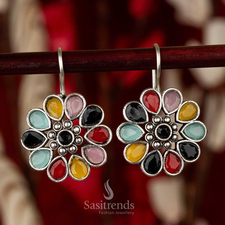 Sasitrends - Elegant Oxidised Silver Floral Earrings with Waterdrop and Round Gemstones - Sasitrends