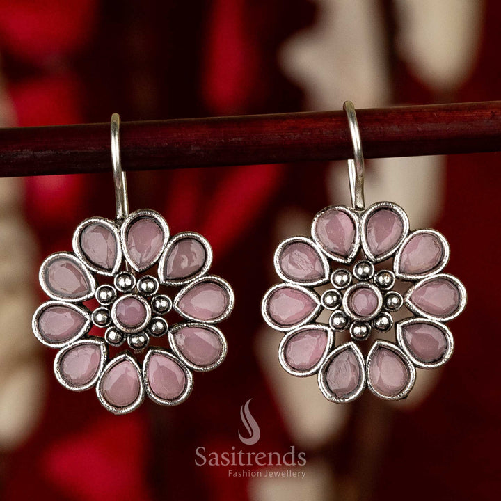 Sasitrends - Elegant Oxidised Silver Floral Earrings with Waterdrop and Round Gemstones - Sasitrends