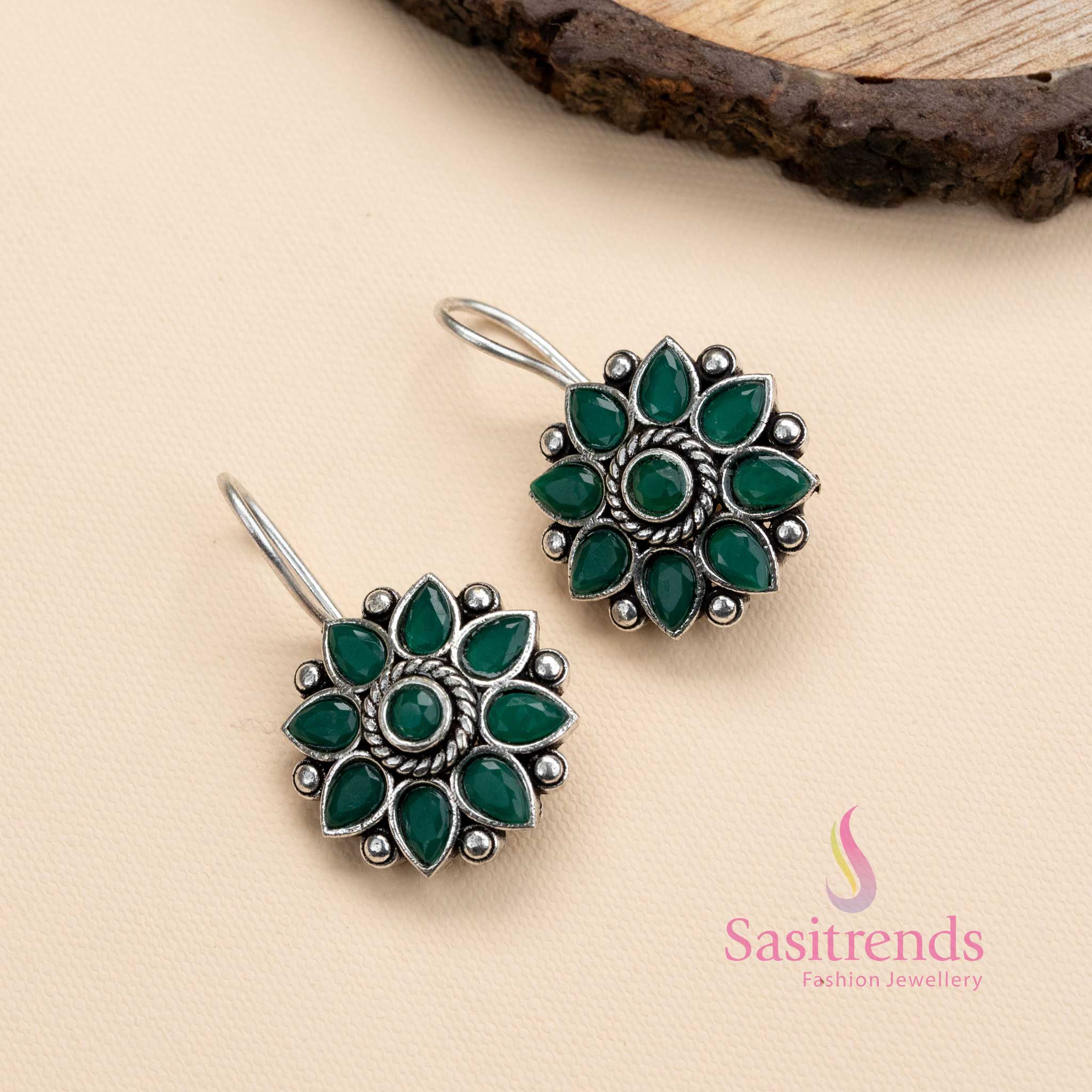 New Flower Pattern Oxidized Silver Hook Earrings