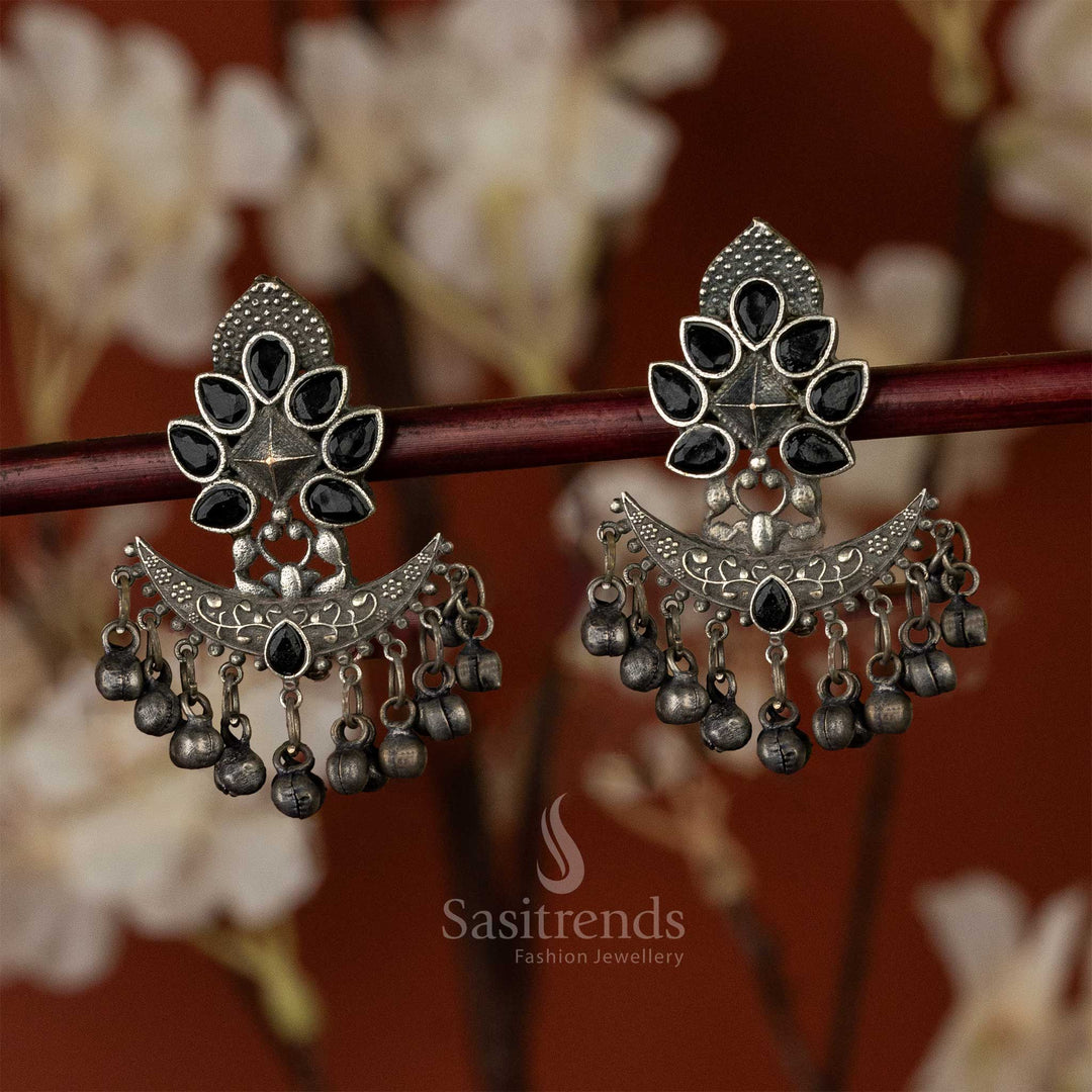 Latest Oxidised Black Stones Ghungroo Beads Hanging Floral Designer Earrings