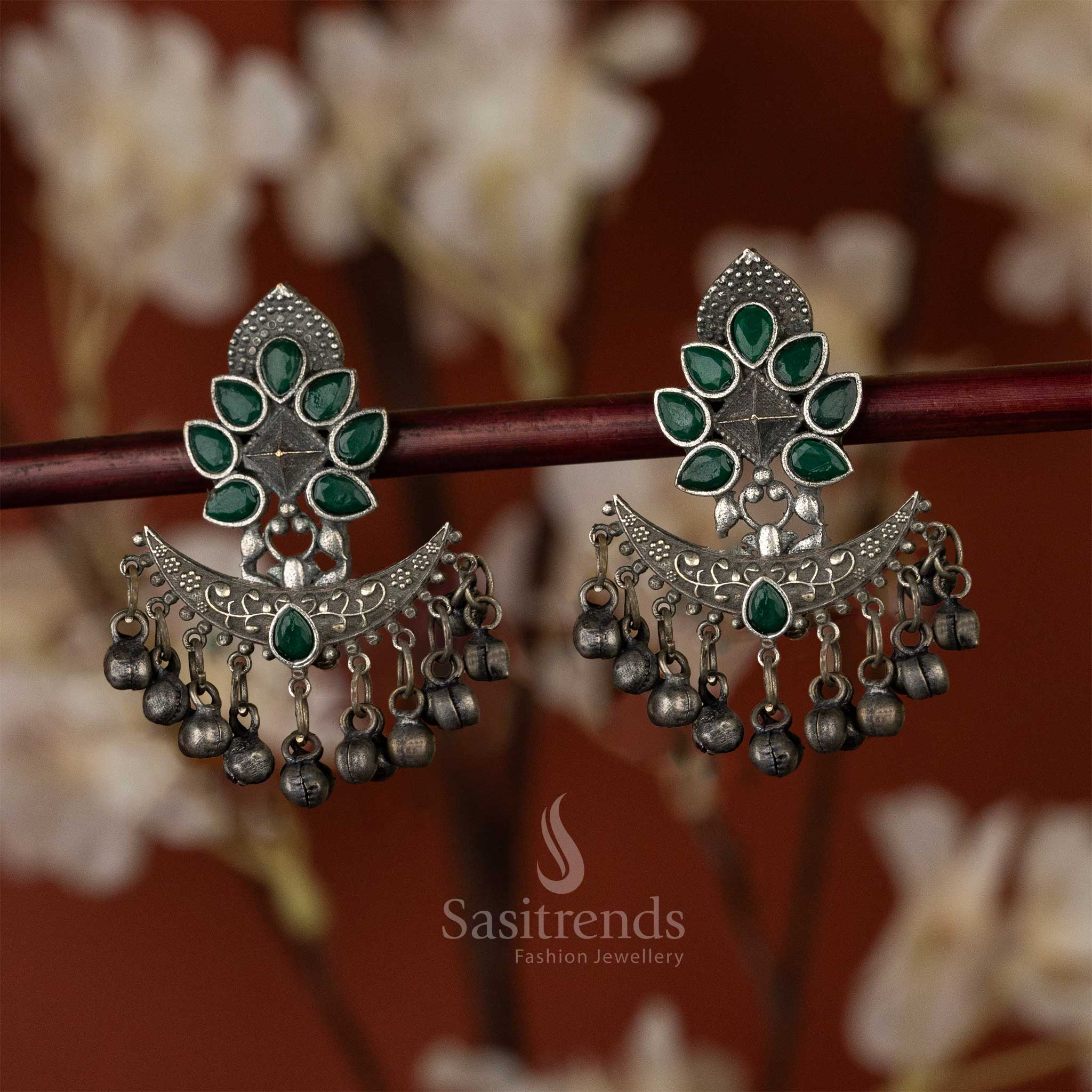 Trendy Oxidised Green Stones Stud Floral Designer Ghungroo Beads Navarathiri Special Earrings