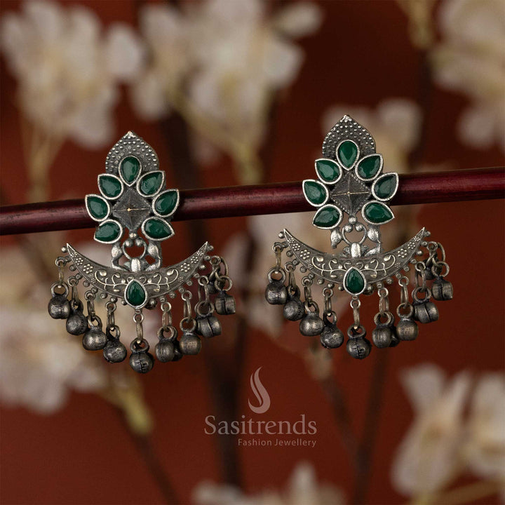 Trendy Oxidised Green Stones Stud Floral Designer Ghungroo Beads Navarathiri Special Earrings