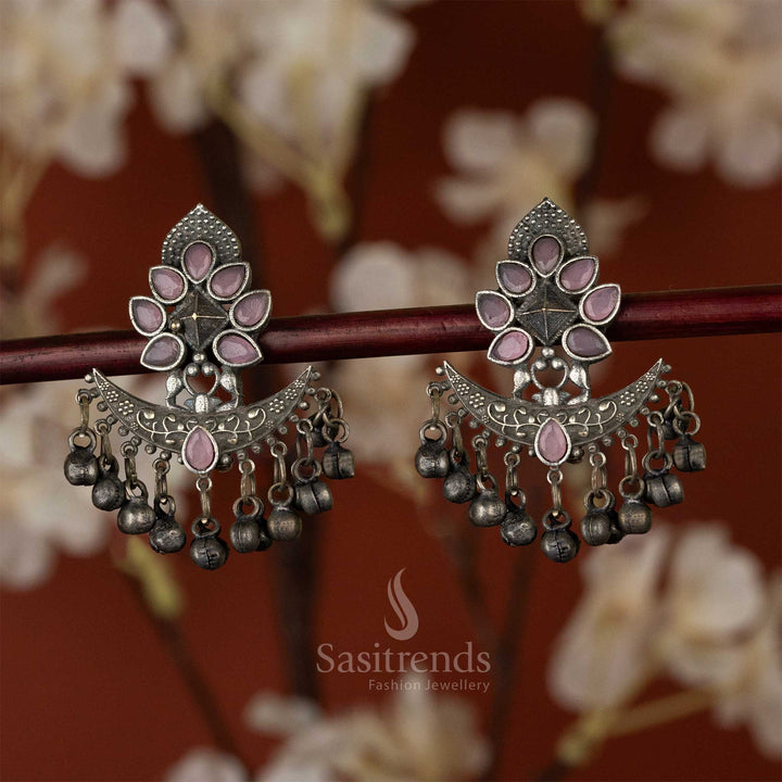 Trendy Oxidised Pink Stones Stud Floral Designer Ghungroo Beads Navarathiri Special Earrings