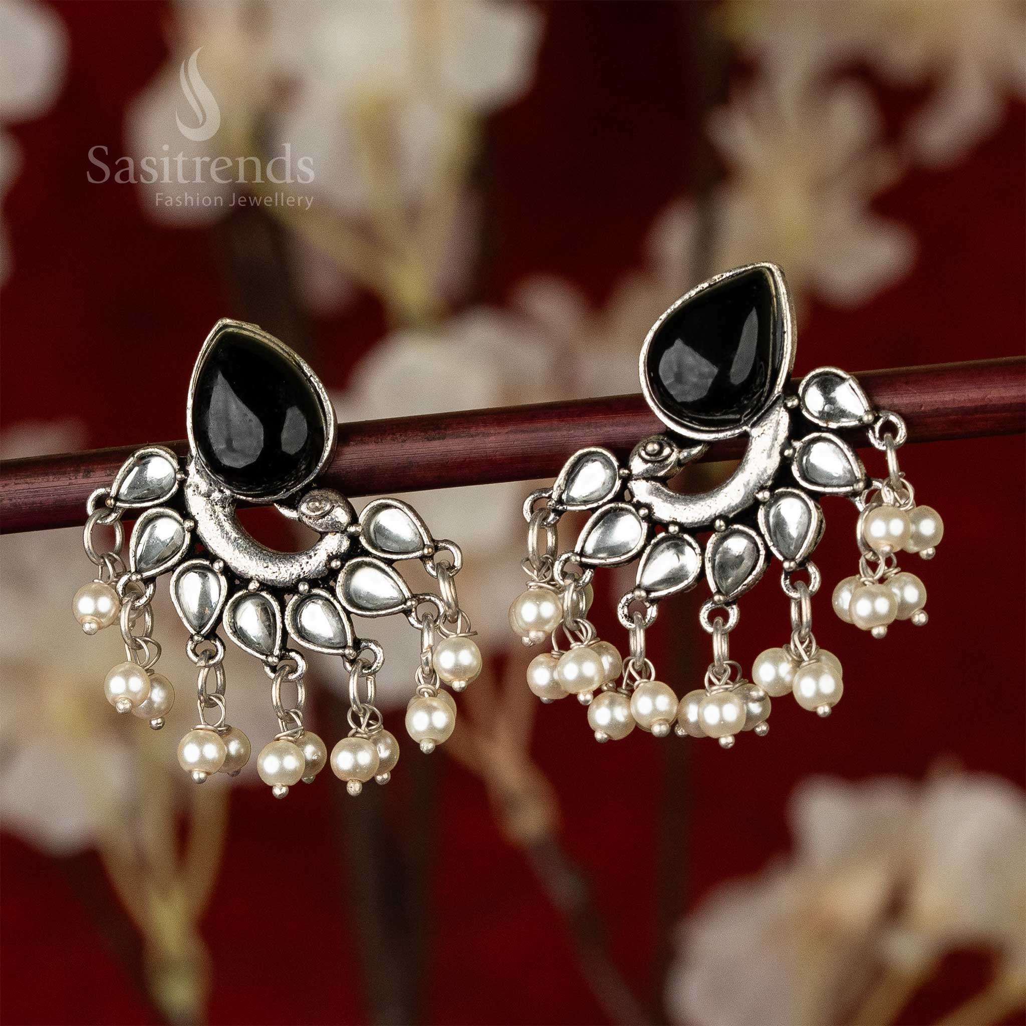 Traditional Oxidised Peacock Designer Black White Stone Earrings Navarathiri Special Elegance