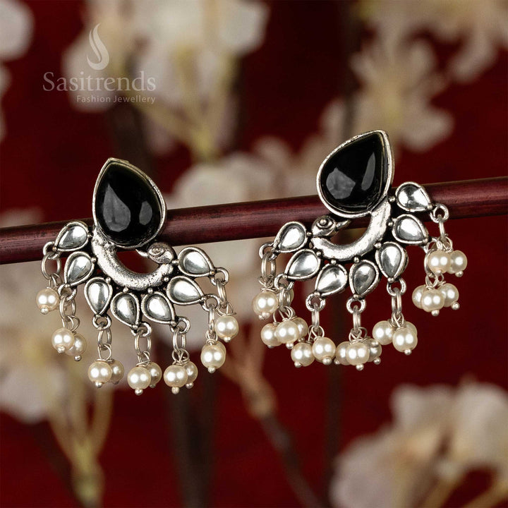 Traditional Oxidised Peacock Designer Black White Stone Earrings Navarathiri Special Elegance