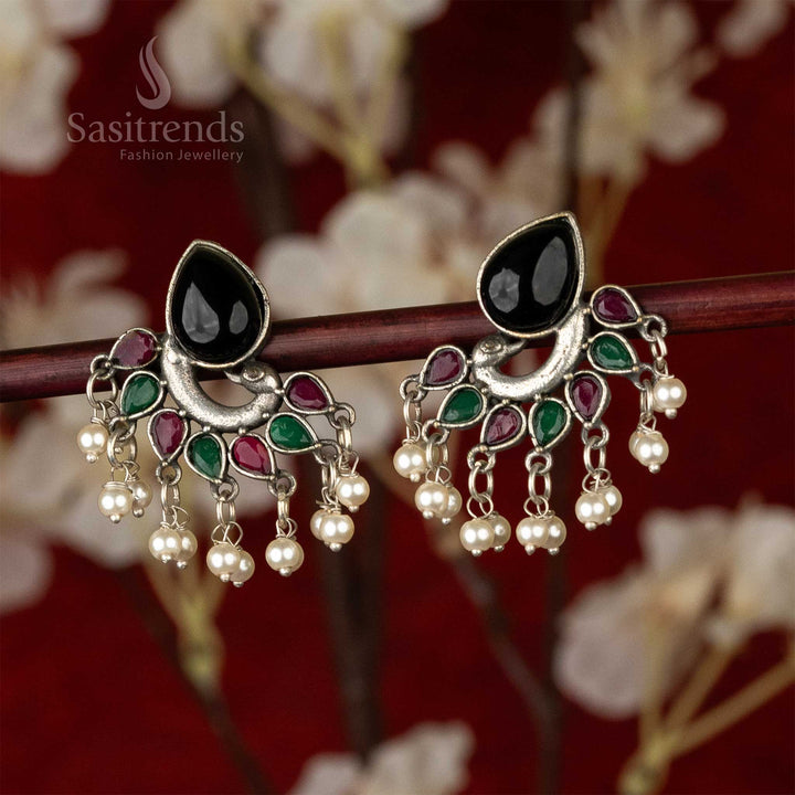 Trendy Oxidised Black Ruby Green Stones Studded Peacock Designer Pearls Hanging Earrings
