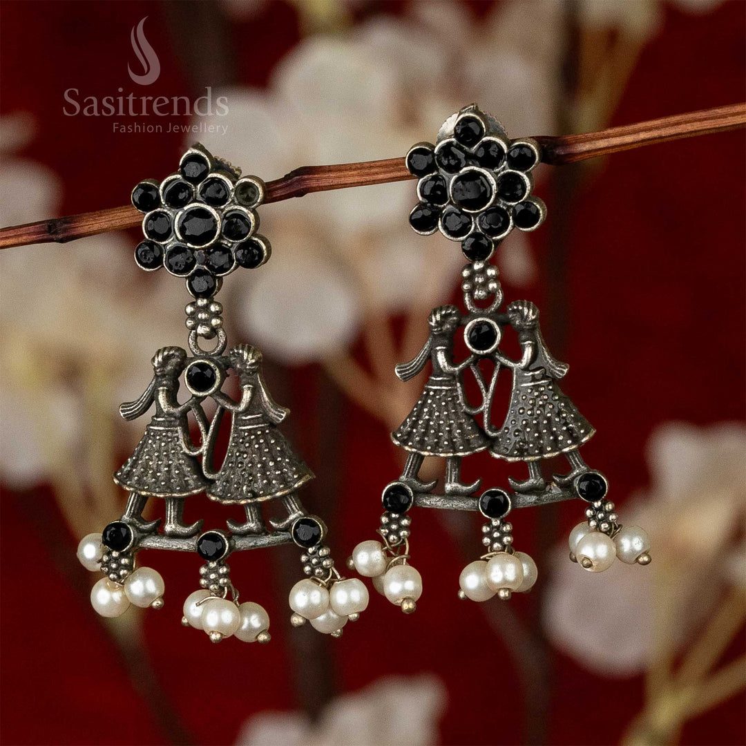 Oxidised Silver-Look Dulha-Dulhan Earrings with Stones Cluster and Pearls Sasitrends