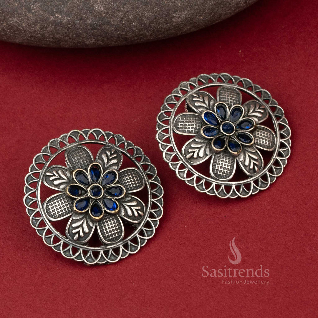 Blue Stone Stud Floral Designer Delicate Oxidised Earrings Online Shopping