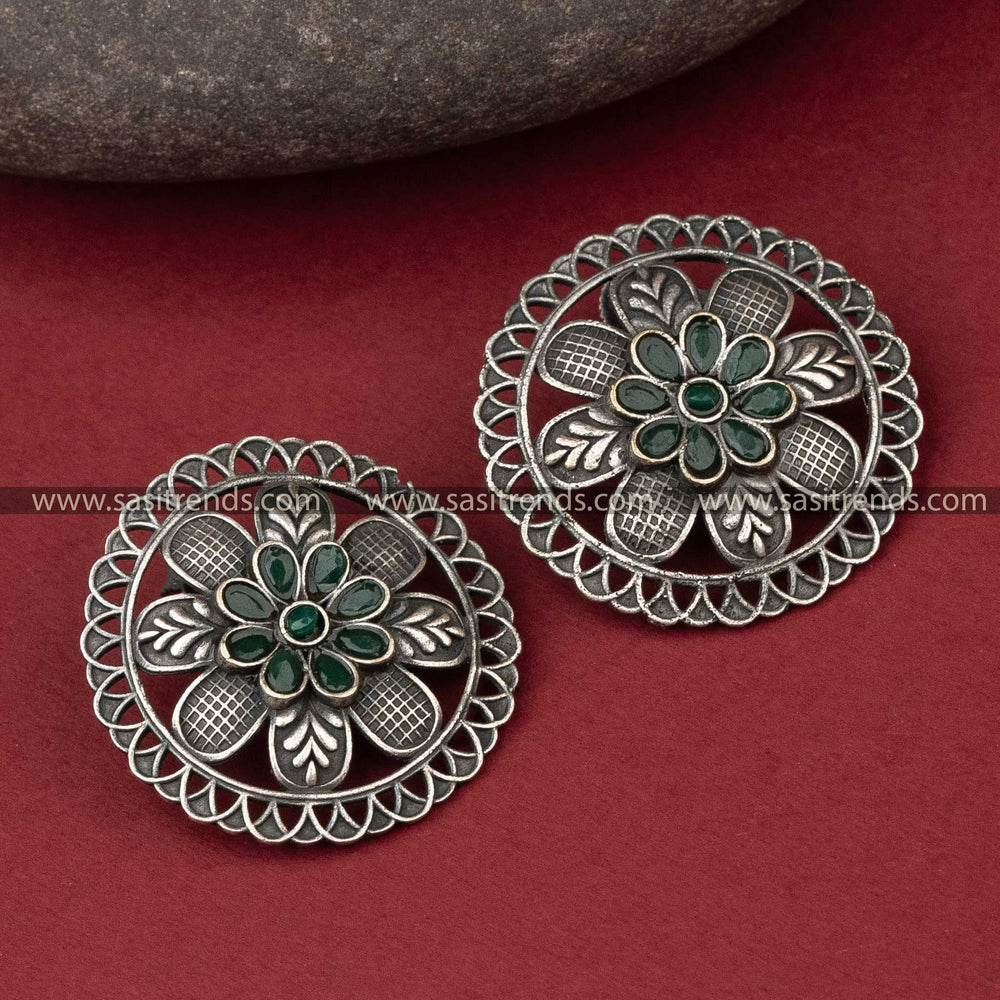Green Floral Vintage Latest Oxidised Circle Designer Earrings Online Shopping