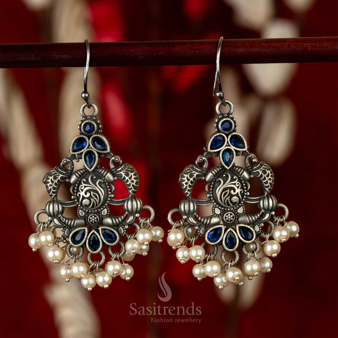 Blue Stones Stud Silver Look Trendy Oxidised Peacock Motif Pearls Earrings