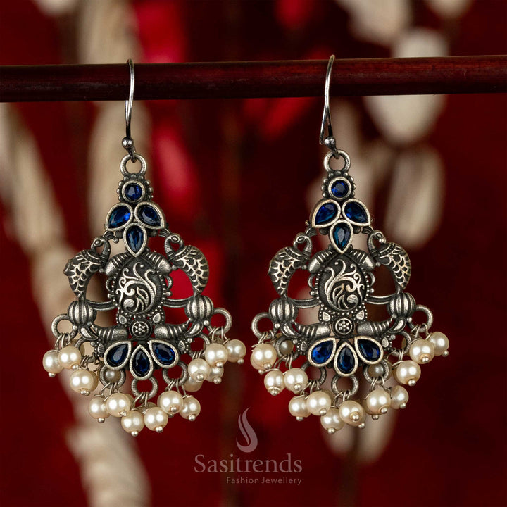 Modern Traditional Silver-Look Oxidised Earrings with Waterdrop Gemstones and Pearls