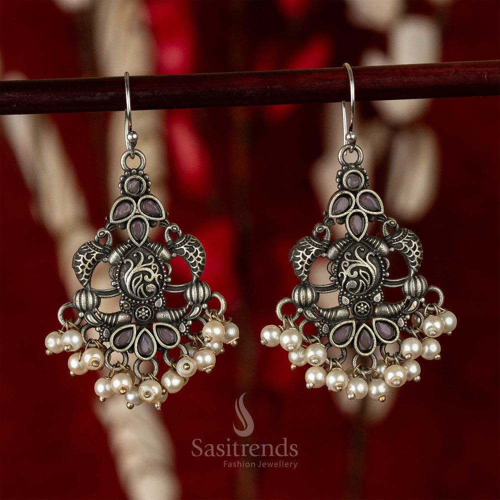 Classic Pearl Silver Oxidised Pink Stones Stud Pearls Earrings