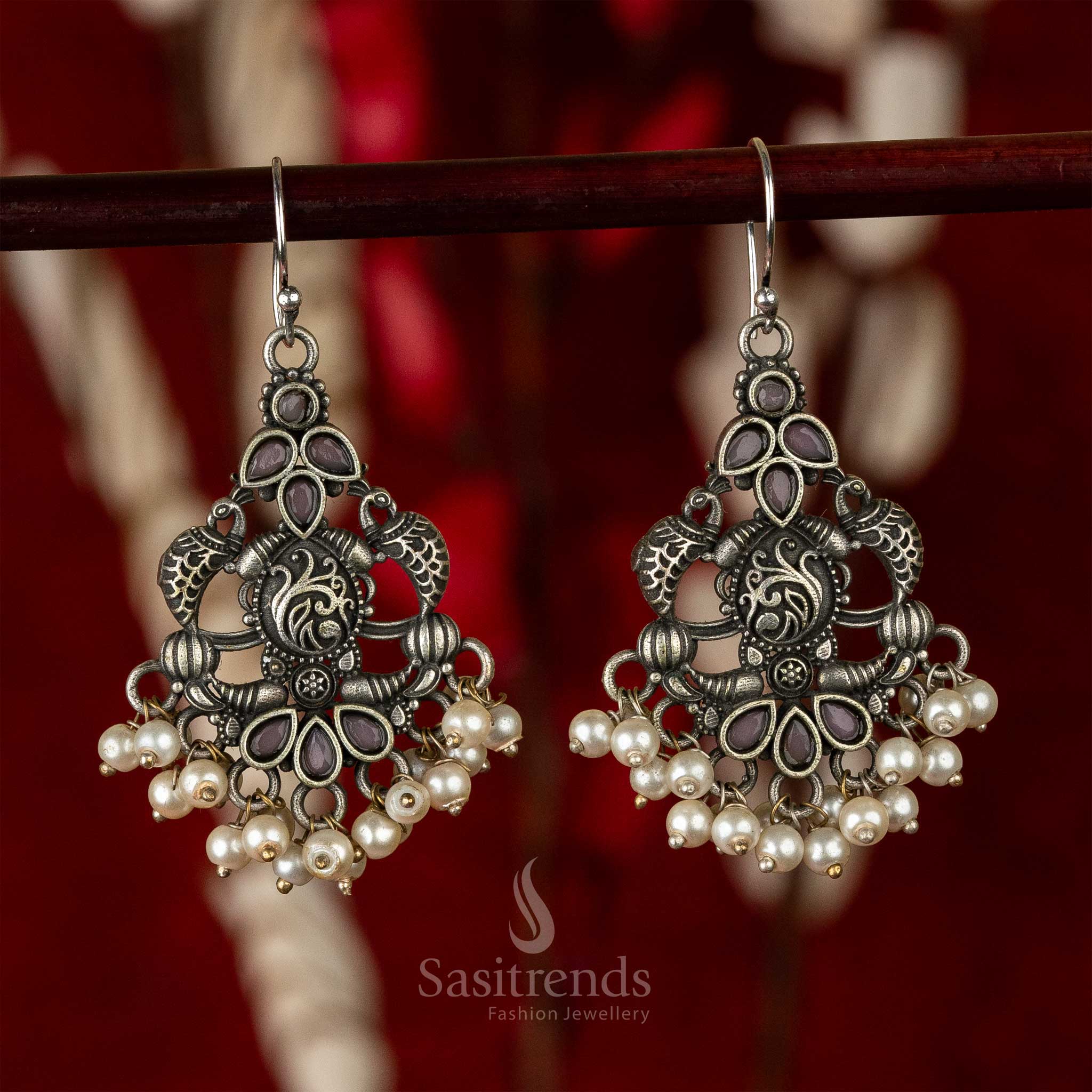 Classic Pearl Silver Oxidised Pink Stones Stud Pearls Earrings