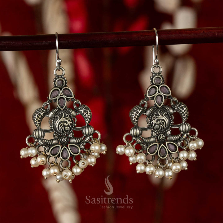 Classic Pearl Silver Oxidised Pink Stones Stud Pearls Earrings
