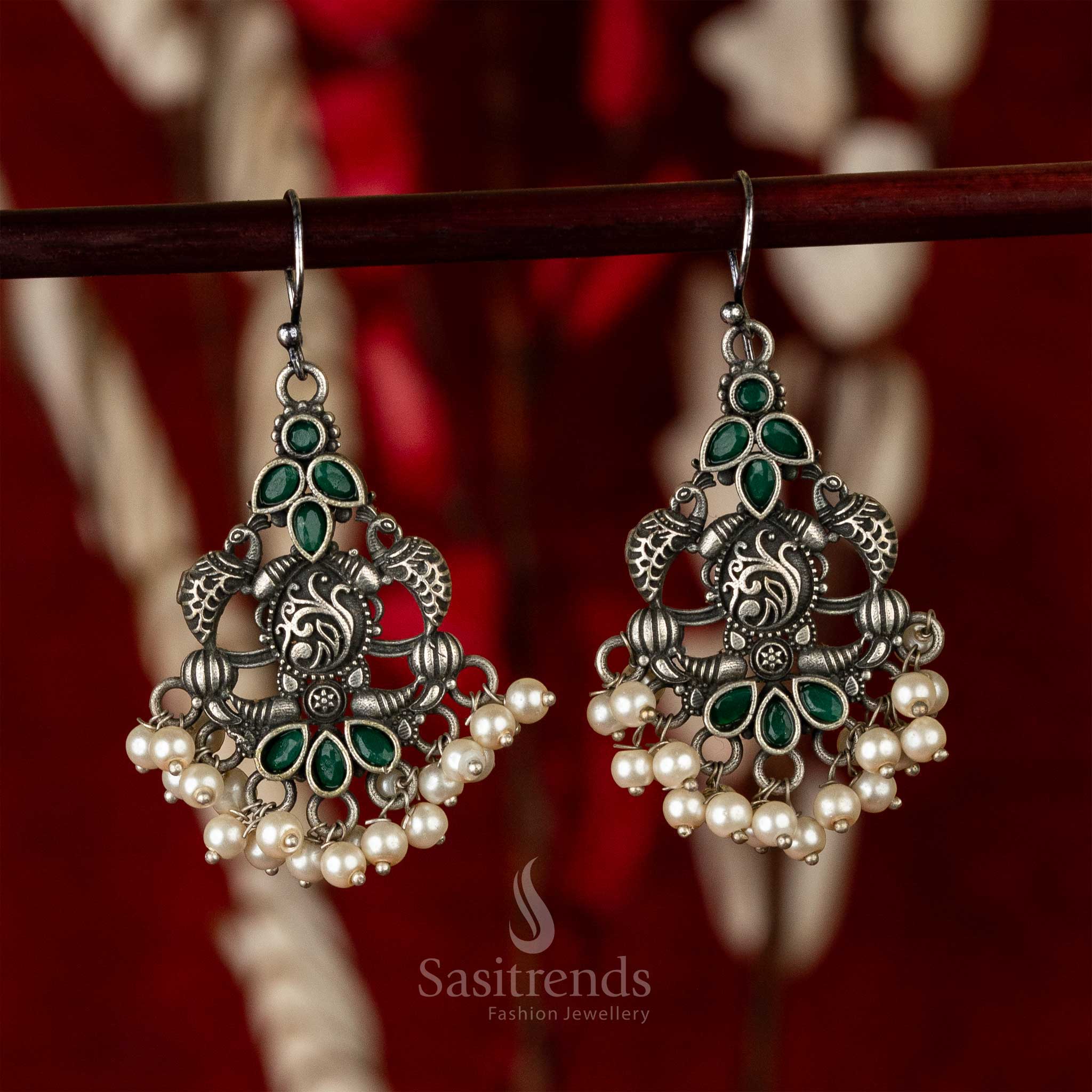 Green Stones Stud Silver Look Oxidised Peacock Pattern Hanging Earrings