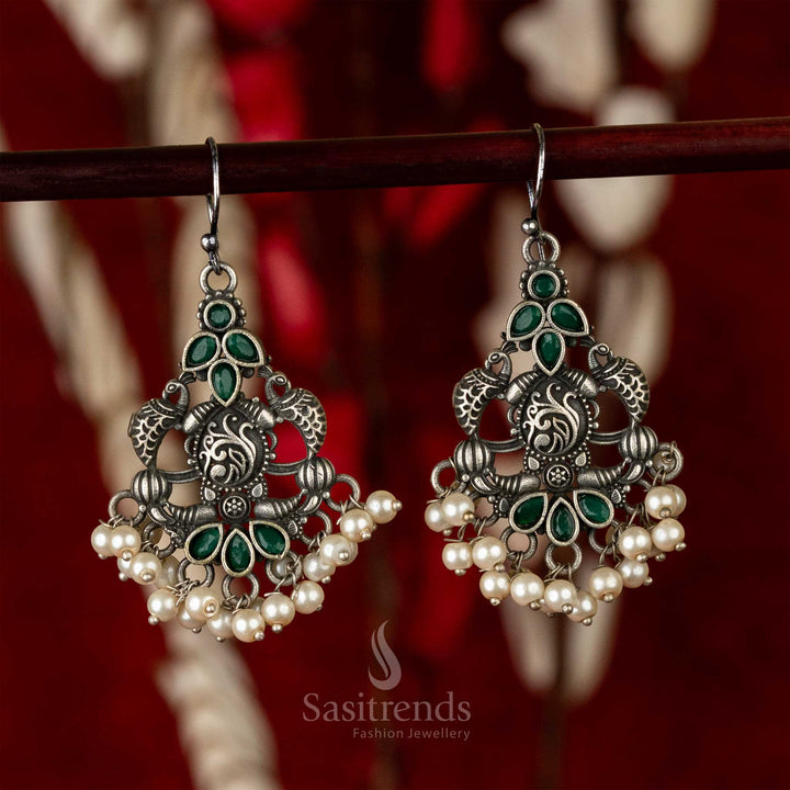Green Stones Stud Silver Look Oxidised Peacock Pattern Hanging Earrings