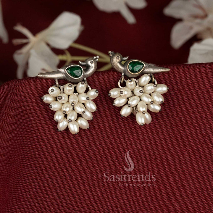 Elegant German Silver Parrot Design Earrings with Pearls and Stones – sasitrends