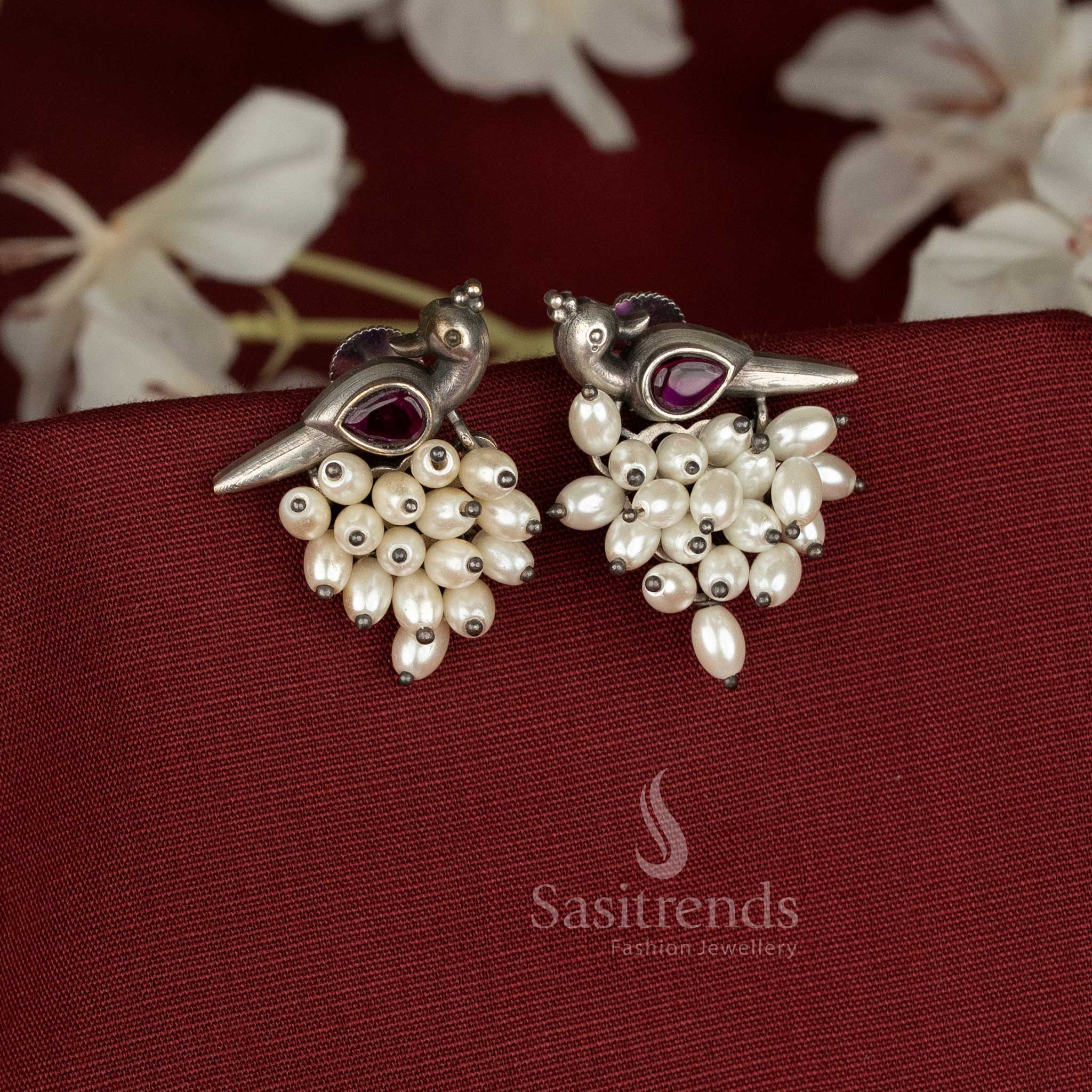 Elegant German Silver Parrot Design Earrings with Pearls and Stones – sasitrends