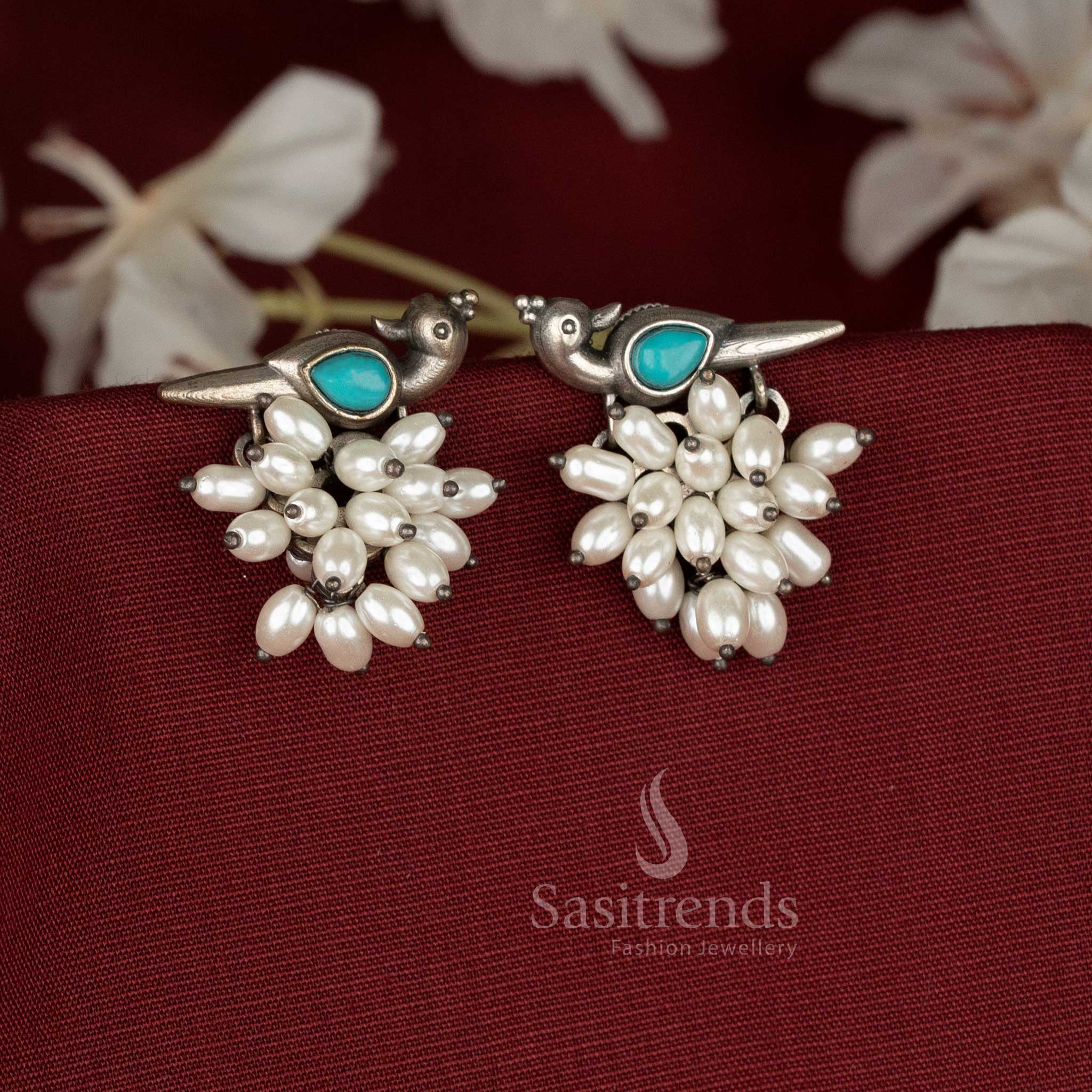 Elegant German Silver Parrot Design Earrings with Pearls and Stones – sasitrends