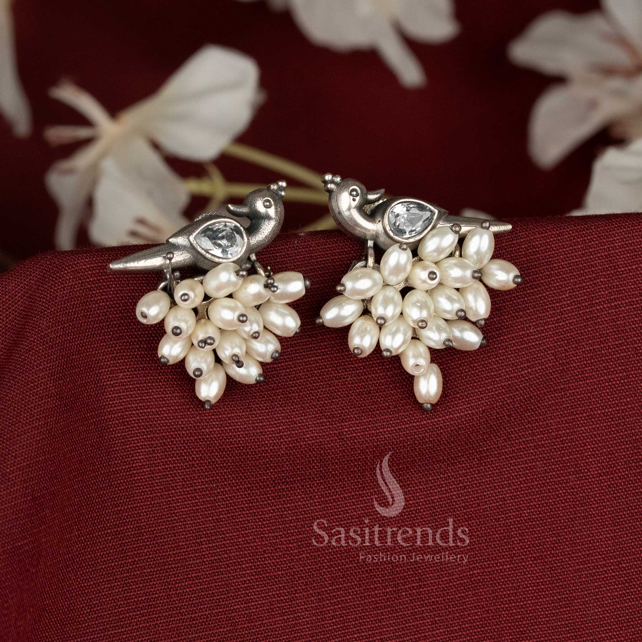 Elegant German Silver Parrot Design Earrings with Pearls and Stones – sasitrends