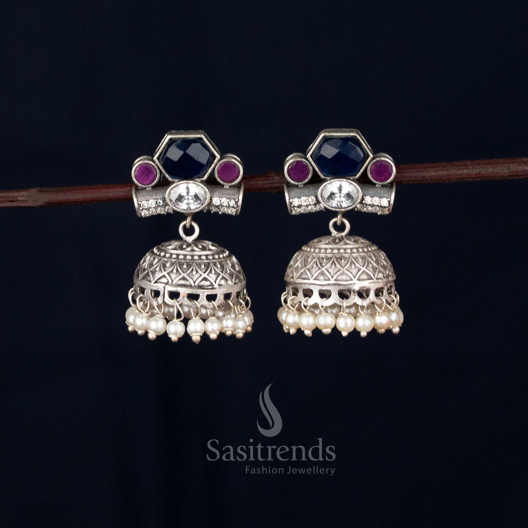 Oxidised Silver Hexagon Stud with Oval Jhumka Earrings for Festive Wear – sasitrends