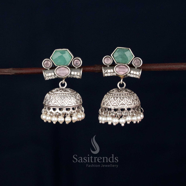 Oxidised Silver Hexagon Stud with Oval Jhumka Earrings for Festive Wear – sasitrends