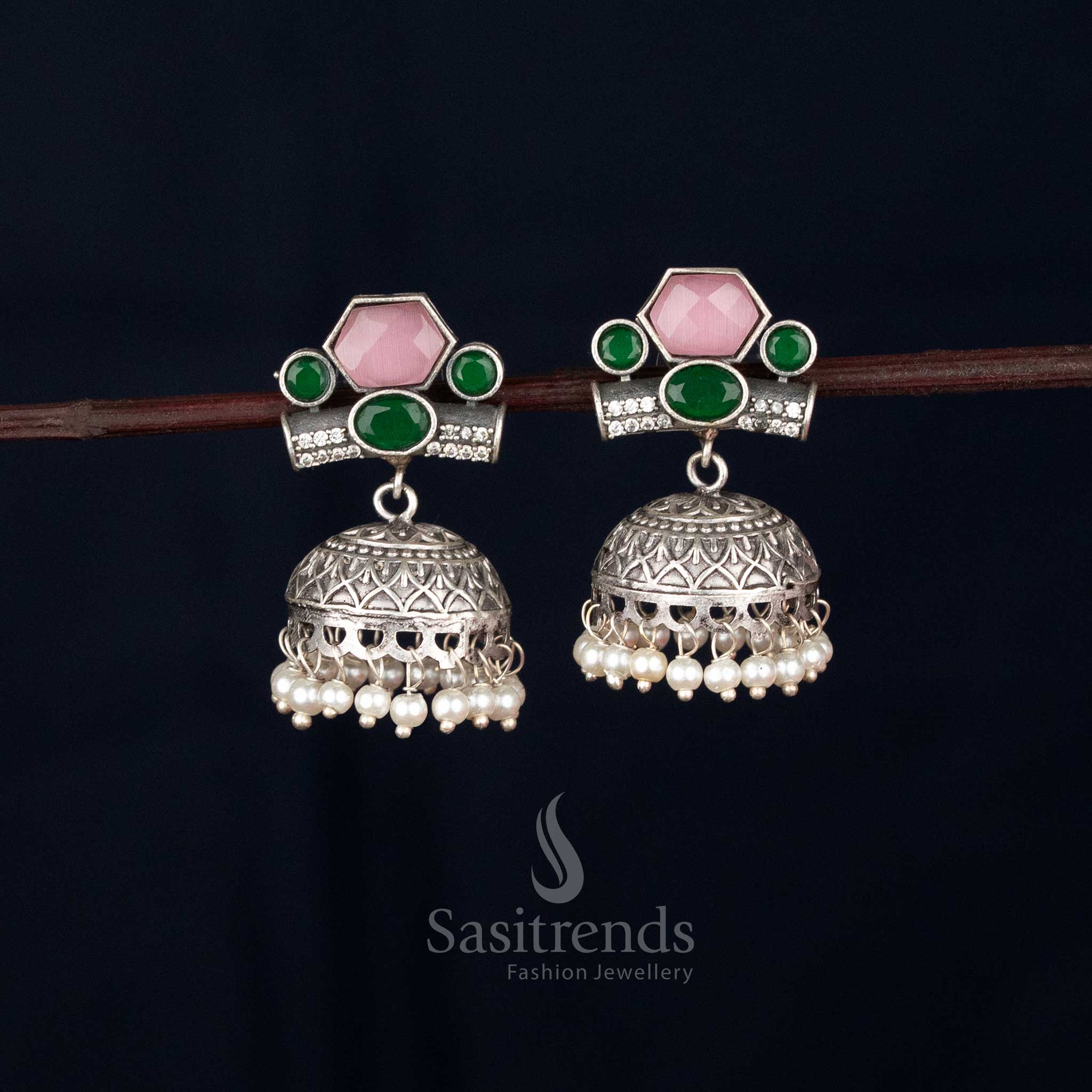 Navaratri Oxidised Silver Hexagon Oval Jhumka Earrings – sasitrends